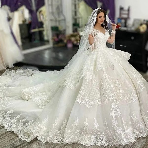 Atemberaubende 2024 Prinzessin Kathedrale Schleppe A-Linie Brautkleider Blumenspitze Lange Ärmel Plus Size Robe De Marriage Luxuriöse Brautpartykleider