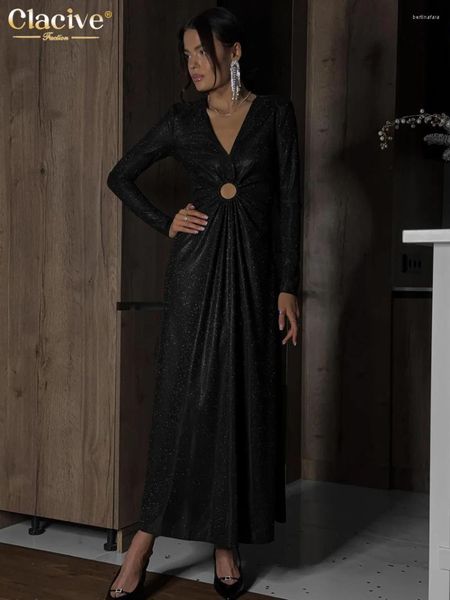 Повседневные платья Clacive Bodycon, черное блестящее женское платье 2024, модное платье с v-образным вырезом и длинным рукавом до щиколотки, элегантное вечерние с вырезами