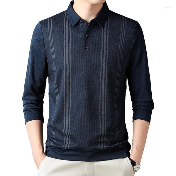 Polos masculinos moda casual camisa polo listrada lapela superior confortável roupas diárias de manga comprida inverno