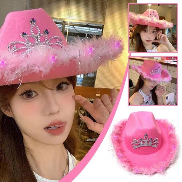 Beralar Crown Pink West Cowboy Hat Western Cowgirl Stetson Parlak Kadınlar Kızlar Fedora Tiara Caps Sequins Party Edge Hats Feat G9Q2