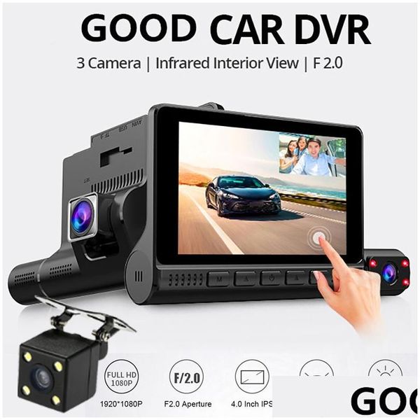 Carro DVR Carro Dvrs 4 Polegadas HD 1080P 3 Lente DVR Gravador de Vídeo Dash Cam Inteligente G-Sensor Câmera Traseira 170 Graus Grande Angular Tra Resolução Fr Dhrvj