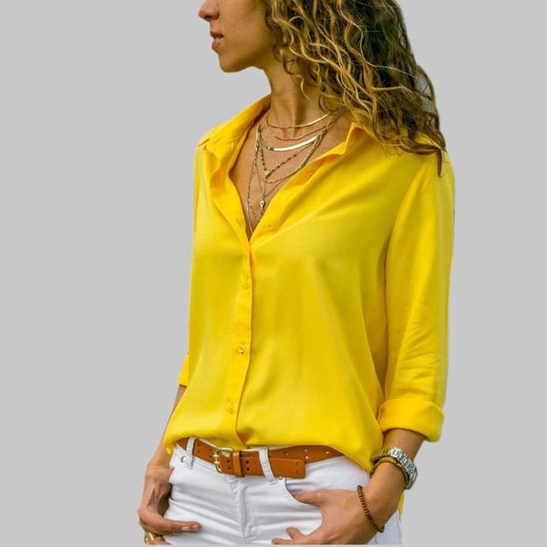 Capris amarelo camisa de manga longa botão de venda básico sólido primavera verão feminino chiffon mulher roupas finas blusa feminina plus size topo