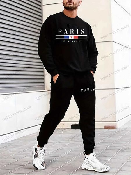 Fatos masculinos outono e inverno conjunto esportivo de manga comprida paris impressão 3d design simples moda marca roupas casuais calças2 conjuntos t240118