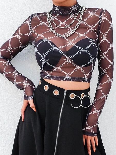 Kadın Tişörtleri Mesh Tee For Femme Seksi Uzun Kollu Mahsul Üst Zincir Baskı Kadın Sokak Giyim Vintage Fishnet T-Shirt 2024 Varış