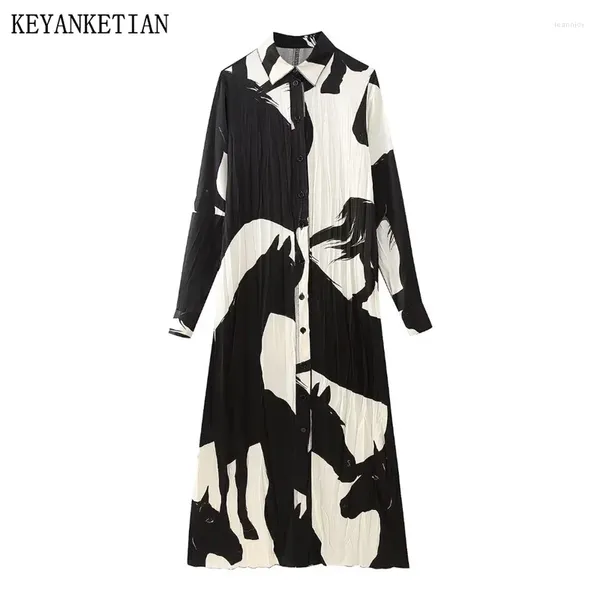 Lässige Kleider KEYANKETIAN Launch Holiday Wind Ink Print Falten Textur Damen Button-up-Hemdkleid Retro A-Linie knöchellang weiblich