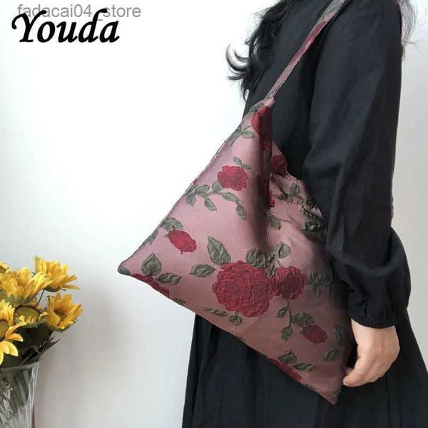 Einkaufstaschen Youda Neue gewebte Jacquard-Umhängetasche Retro-Blumen-Rose Kleine Unterarm-Quadrat-Tasche Damen Koreanische Damen-Buch-Einkaufshandtasche Q240118