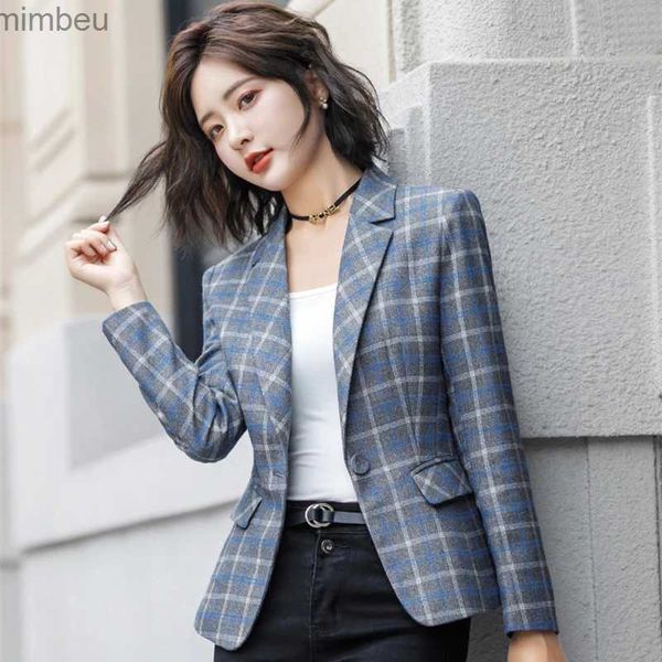 Ternos femininos blazers moda feminina escritório wear check blazers casaco primavera jaquetas um buttle vintage manga longa bolsos feminino outerwear chique topsl240118