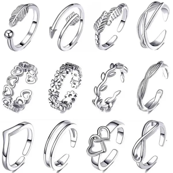 Clusterringe 12 teile / satz Sommer Mode Fuß Bein Strand Geometrische Offene Barfuß Finger Netter Pfeil Herz Feder Zehen Frauen Schmuck