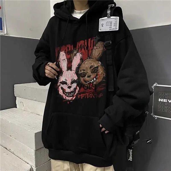 Moletom com capuz masculino outono e inverno coreano Instagram Street Hip Hop Dark Rabbit estampado moletom com capuz solto para homens e mulheres casal top trendyolq