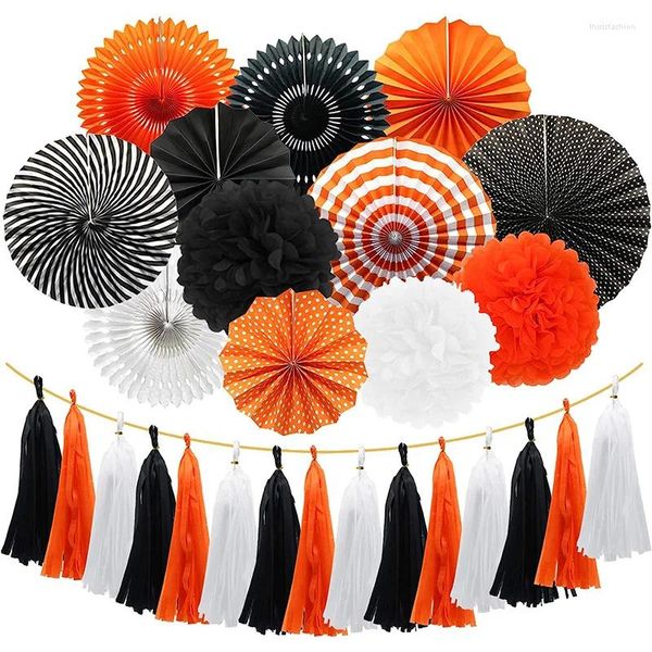 Decoração de festa laranja preto decorações de halloween pendurado ventilador de papel tecido pom poms borlas para chá de bebê decoração de casa