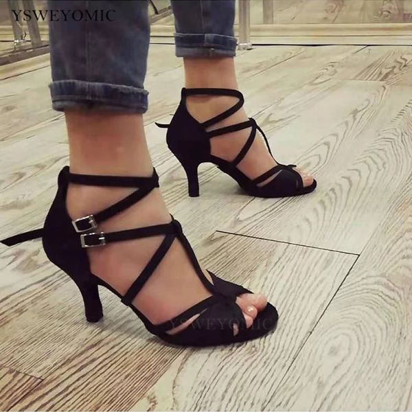 Scarpe da ballo salsa donna stile raso nero tacco 7 cm su immagine suola scamosciata scarpe da ballo per interni scarpe da ballo latino donne 240117