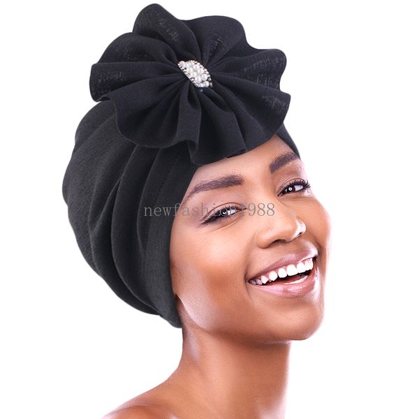 Muslim Women Disk Flower Hat Fashion Big Floral Turban Pearl African Head Scarf Ladies Church Wedding Popular Hair Accessories