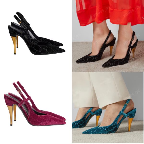 Neue Samt-Jacquard-Sandalen mit spitzen Zehen und Slingback-Pumps, luxuriöses Designer-Kleid, metallische Absätze, hohe Stiletto-Absätze, Party, Büro, Karriere, Schuhe, Größe 35–42