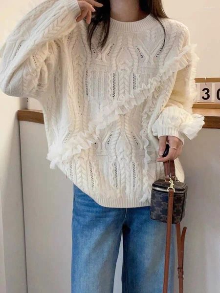Suéter feminino de malha com borda de madeira, suéter de malha de lã rasgada, inverno europeu, outono 2024, moda vazada, pulôveres soltos x533