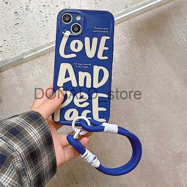 Handyhüllen Ins Frieden und Liebe Weiche Silikon-Telefonhülle für iPhone 14 13 12 11 Pro Max Neues Lanyard Pendent Anti-Lost-Anschreiben Blaue Schale J240118