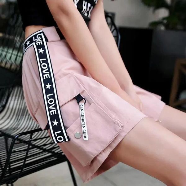 Capris Pink Korean Fashion Overalls Shorts Frauen Frauen Sommer Radfahrrad Mode Punk Taschen Frachthosen Harajuku Jogginghose