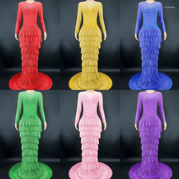 Bühnenkleidung 9 Farben Voller Strass Kuchen Kleid Sexy Gaze Trailing Abend Geburtstag Feiern Kostüm Frauen Party Outfit XS4949