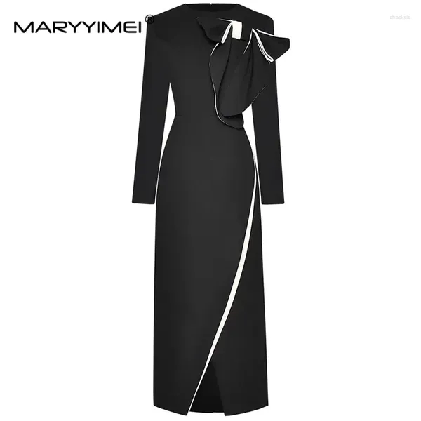 Casual Kleider MARYYIMEI Mode Designer Herbst Damen Kleid Langarm Bogen Schlank Paket Hüfte Elegante Pendler Split