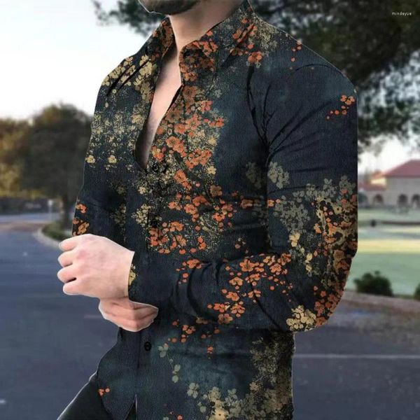 Freizeithemden für Herren Herren Frühling Sommer Hemd Umlegekragen Einreiher Slim Fit Langarm Knöpfe Weich Atmungsaktiv Blumendruck