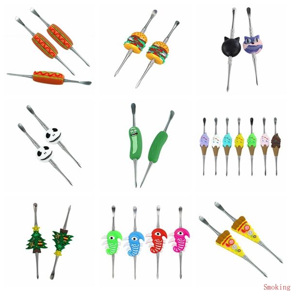 9Tipos Dabber Dab Cartoon Wax Tool Titanium Nails Silicone Aço Inoxidável 123mm Ferramentas Rigs Metal Ceroso Fumar Crânio Pepino Sorvete Cachorro Quente Pizza Hamburger DHL