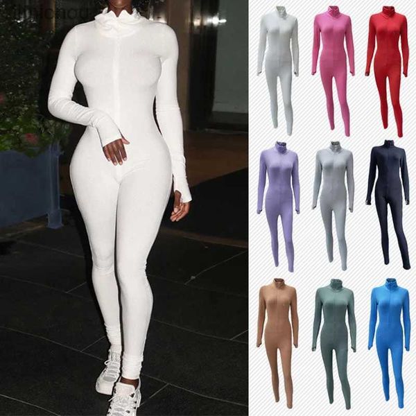 Aktif Setler Pembe/Mor Spor Salonu Yoga Tulum Kadınlar Soild Renk İnce Fit Leotard Uzun Kollu Zip Up Bodysuit Sport Fitness Bodybuilding Suitl240118