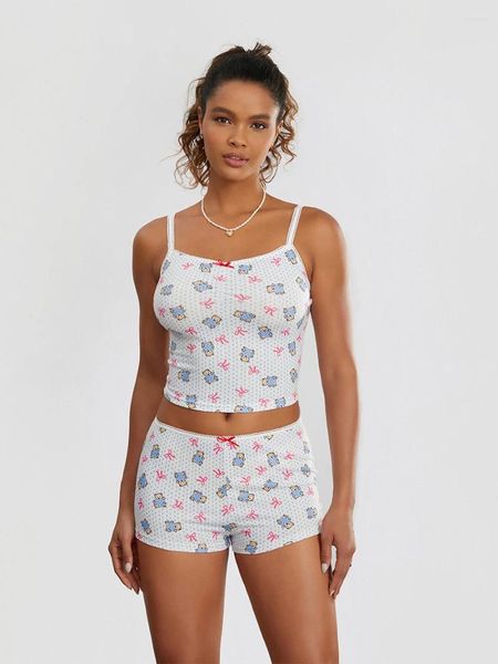 Mulheres sleepwear mulheres y2k 2 pcs floral pijama conjunto espaguete cinta cami top com shorts combinando arco urso impressão lounge