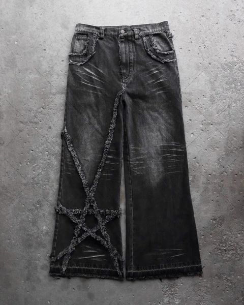 High Street retro estrelas furred jeans Homens y2k Goth Harajuku moda cintura alta baggy casual perna reta calças largas 240117