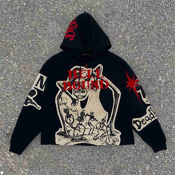 Herren Hoodies Sweatshirts Oberbekleidung Harajuku Casual Gothic Kapuzen Skull Print Hoodie Herren Retro Elastisch Langarm Lose Jacke Sweatshirt Y2K Streetweayolq