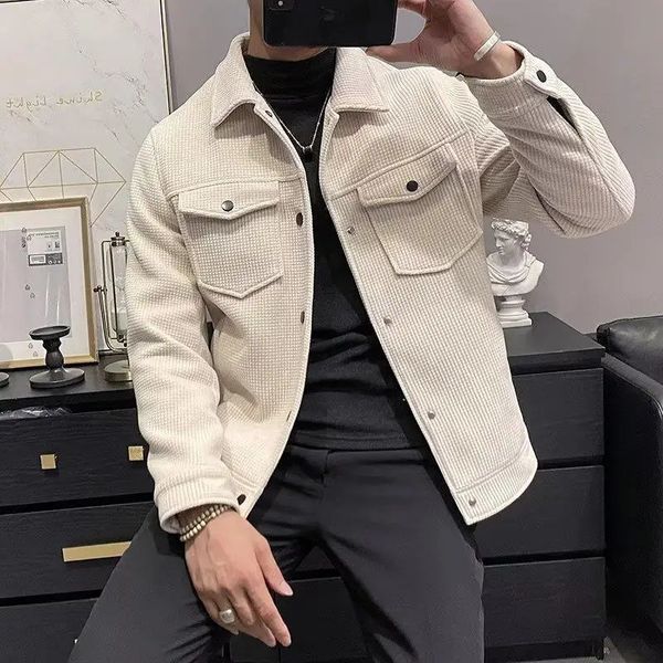 Зимняя модная мужская куртка с лацканами, осенняя вельветовая качественная эластичная облегающая джинсовая мужская брендовая куртка 240117