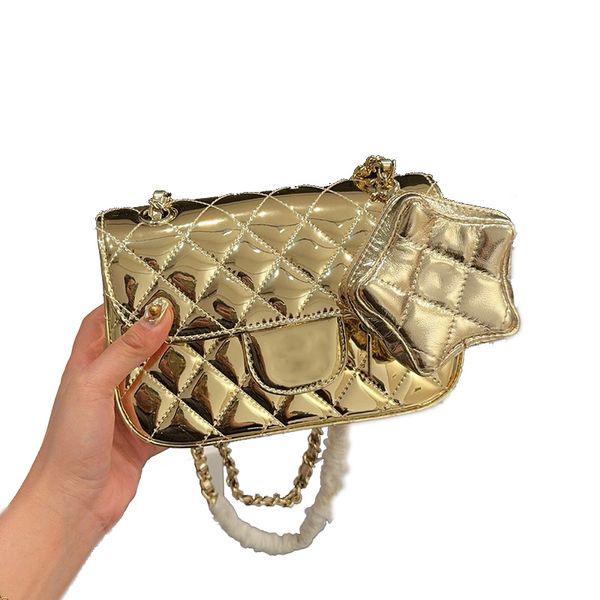 24C Mulheres Couro Envernizado Bolsas de Ombro com Aba Clássica com Estrela Charme Bolsa de Moedas Corrente de Hardware de Metal Dourado Bolsa Crossbody Designer de Luxo Bolsas Retangulares Acolchoadas