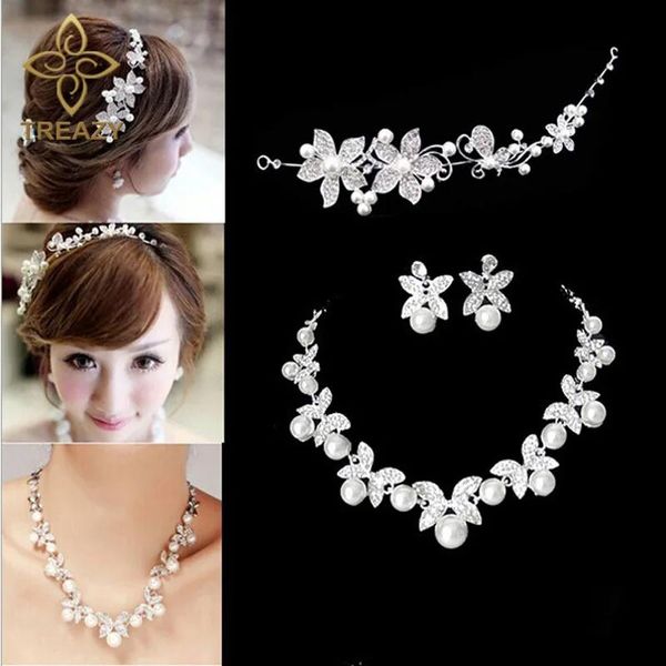 Bras Treazy Moda Flor Cristal Pérola Noiva 3 Pçs Conjunto Colar Brincos Tiara Nupcial Conjunto de Jóias de Casamento Acessórios para Mulheres