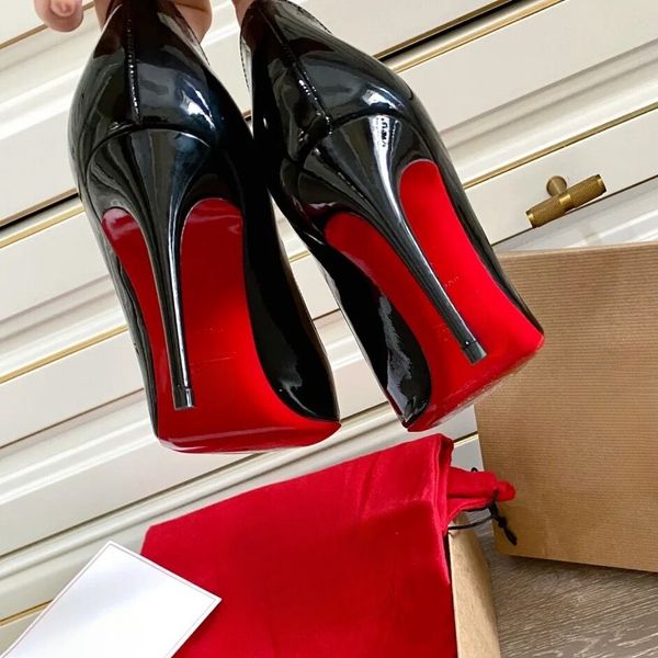 Zapatos de mujer Tacones altos rojos Zapatos sexis con punta en punta 8 cm 10 cm 12 cm Bombas Zapatos de vestir Zapatos de boda de marca de lujo de charol negro desnudo con bolsa para el polvo 35-44