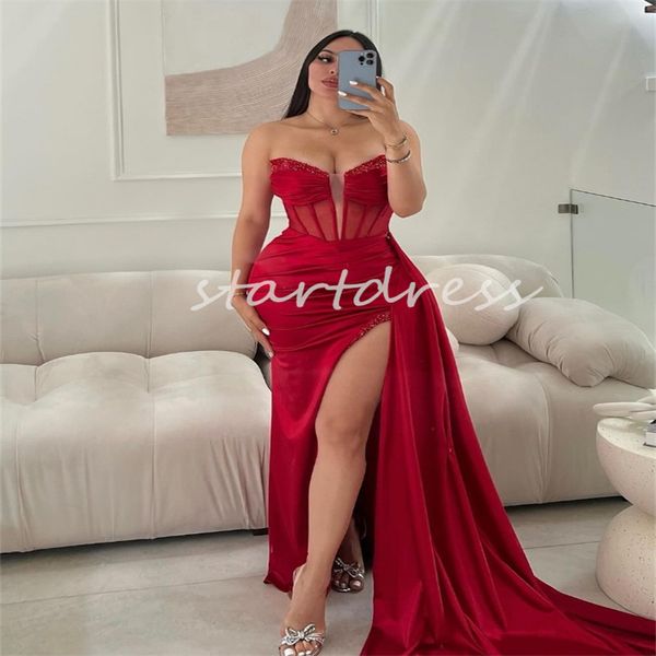 Lindo vestido de baile de sereia vermelho preto com fenda alta elegante vestido de noite plus size com cauda de varredura frisada querida dança formal vestido de festa de aniversário robe soriee