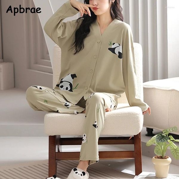 Pijamas femininos Apbrae Panda Imprimir Outono Inverno Kimono Com Decote Em V Puro Algodão Pijamas Mulheres Mangas Compridas Pjs Mulher Casual Homewear