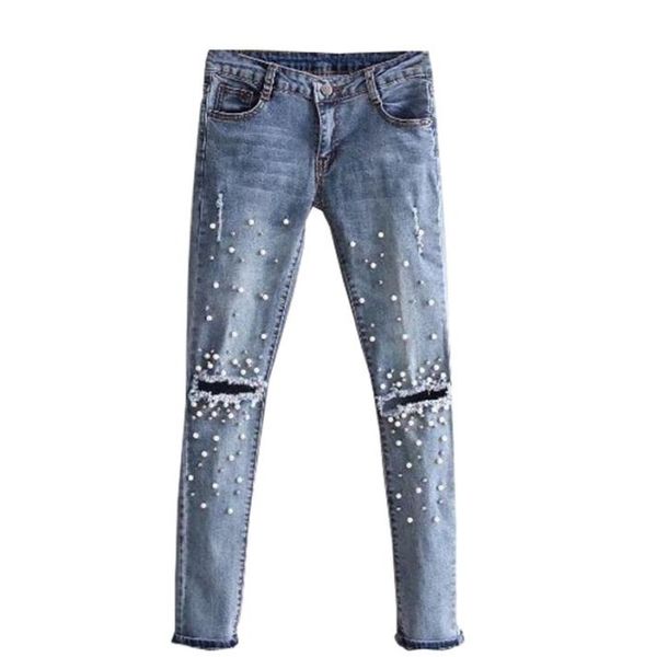 2017 neue Mode Frauen Mädchen Loch Perlen Jeans Zerstört Zerrissene Perlen Dünne Denim Boyfriend-Jeans Hose3421963