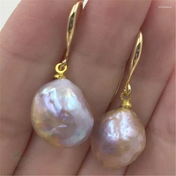 Orecchini pendenti da 14-15 mm con perla barocca rosa enorme, placcatura in oro 18 carati, orecchini pendenti