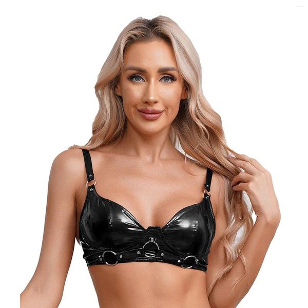 Sutiãs sexy mulheres push up sutiã combinado com o-ring e rebites fivela de couro patente wirefree brilhante bralette clubwear