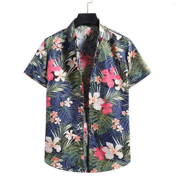 Camisas casuais masculinas havaianas 3D flor impressão homens 2024 verão manga curta o-pescoço single-breasted camisa beira-mar férias praia plus size tops