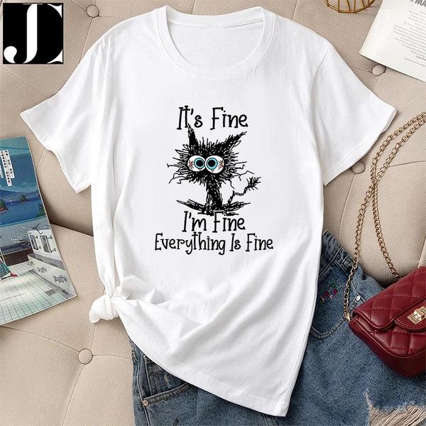 T-shirt Women Casual Fashion Tshirt estate normale femmina grafica vintage a manica corta Lettera di gatto Nero Stampa signore Topta Topta