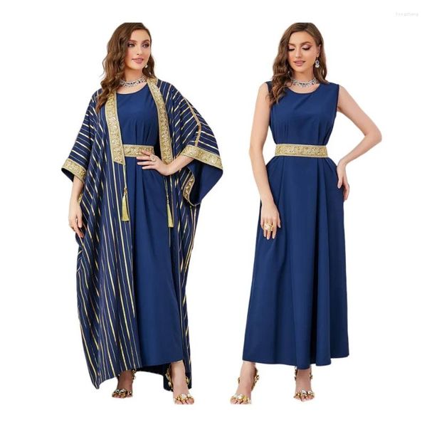 Roupas étnicas Zigui Muçulmano Listras Vestido Ramadan Oriente Médio Arábia Saudita Impresso Duas Peças Moda Feminina Conjunto Noite Islâmica