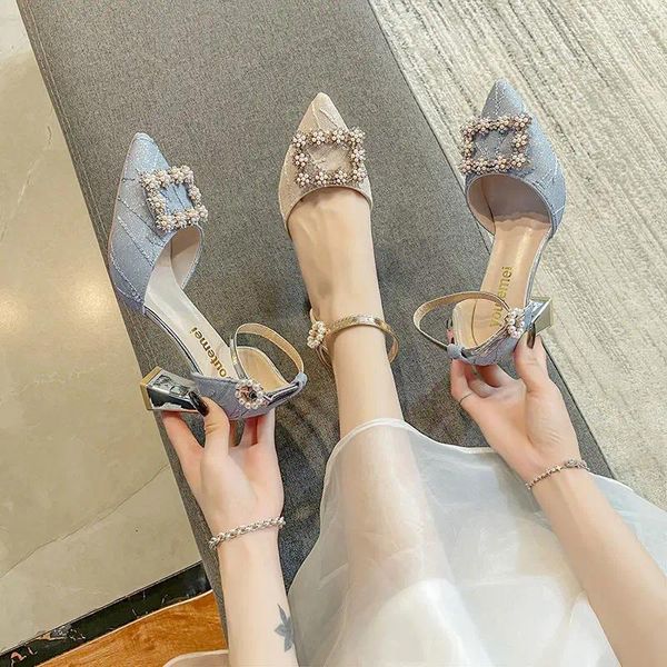 Сандалии, женская обувь со стразами, лето 2024, женская обувь на высоком каблуке с острым носком, обувь на квадратном каблуке для вечеринок, свадеб, бриллиантов H F