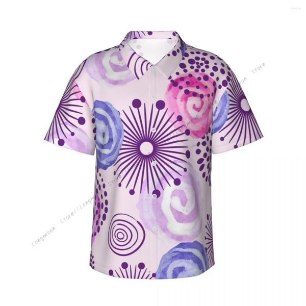 Camicie casual da uomo Maniche corte Lilla e rosa Cerchi a spirale Fiori astratti Camicia Abiti da spiaggia Personalità Top