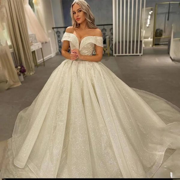 Stunningbride 2024 Роскошные свадебные платья с открытыми плечами и V-образным вырезом, пышные свадебные платья больших размеров на шнуровке сзади, свадебное платье принцессы с иллюзией на заказ