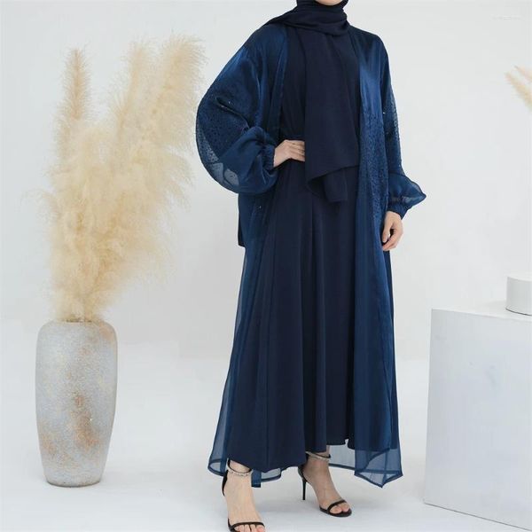 Ethnische Kleidung Glänzende muslimische Frauen Offene Abaya Strickjacke Maxikleider Türkei Kimono Puffärmel Islamische Arabische Robe Eid Party Dubai Femme