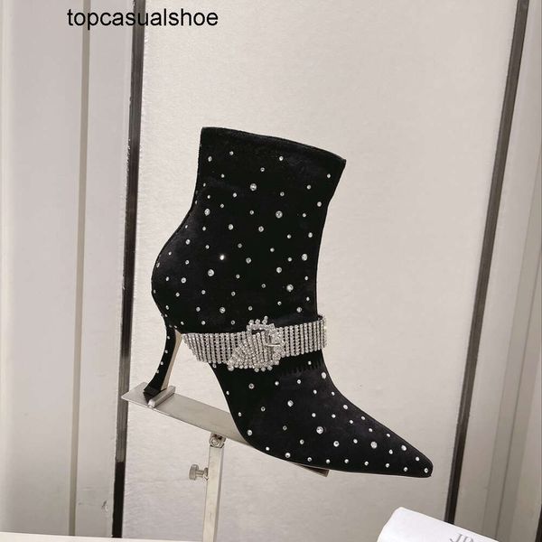 JC Jimmynessity Choo Boots Rhinestones Crystal Top Quality Tornozelo pontual de pé de salto de salto de salto feminino Designer de luxo de luxo solete booties vestido