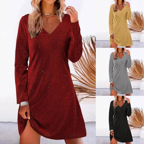 Vestidos casuales Vestido de moda para mujer Cuello en V Manga larga Color sólido Lentejuelas brillantes Impresión diaria