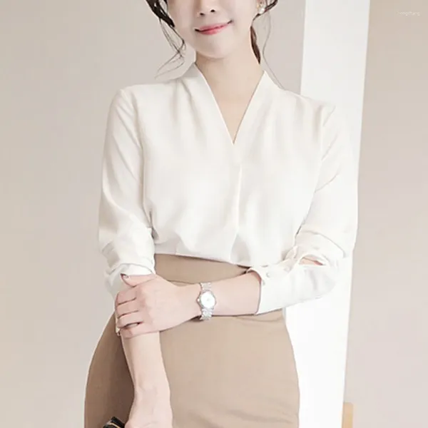 Blusas femininas blusa feminina retro moda 2024 primavera outono escritório senhora negócios camisas casuais solto decote em v manga longa topos elegante