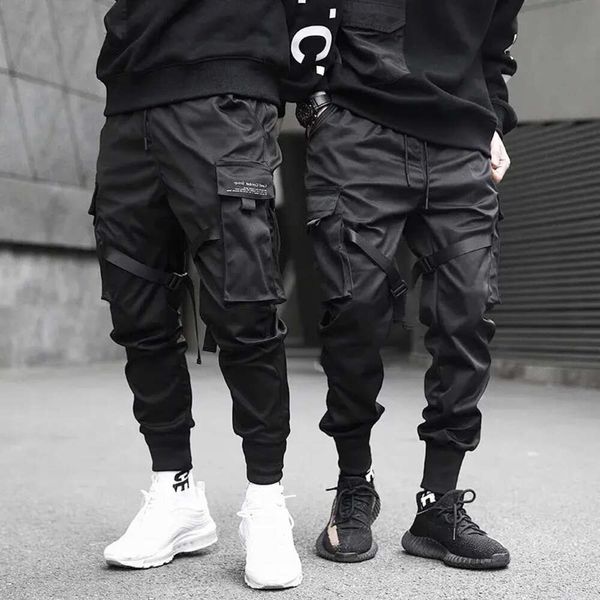 Homens fitas cor bloco calças bolso preto carga harem joggers harajuku sweatpant hip hop calças 15