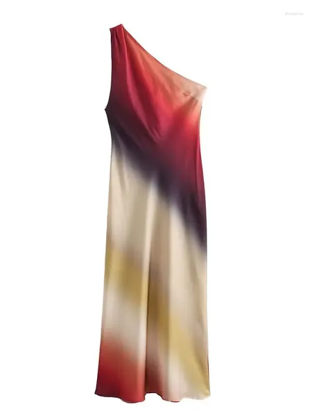 Freizeitkleider Bazaleas Tie Dye Asymmetrisches langes Kleid Diagonaler Kragen A-Linie Chic Party für Damen Offizieller Store