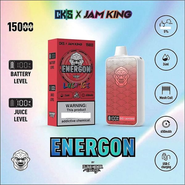 Jam King vapes descartável puff 15000 12 sabores 24ml Pod Smart LED Screen Display 2% 3% 5% Nic Mesh Coil 1.1 Ohm Big Vapor 650mAh Bateria Recarregável E Cigarro atacado